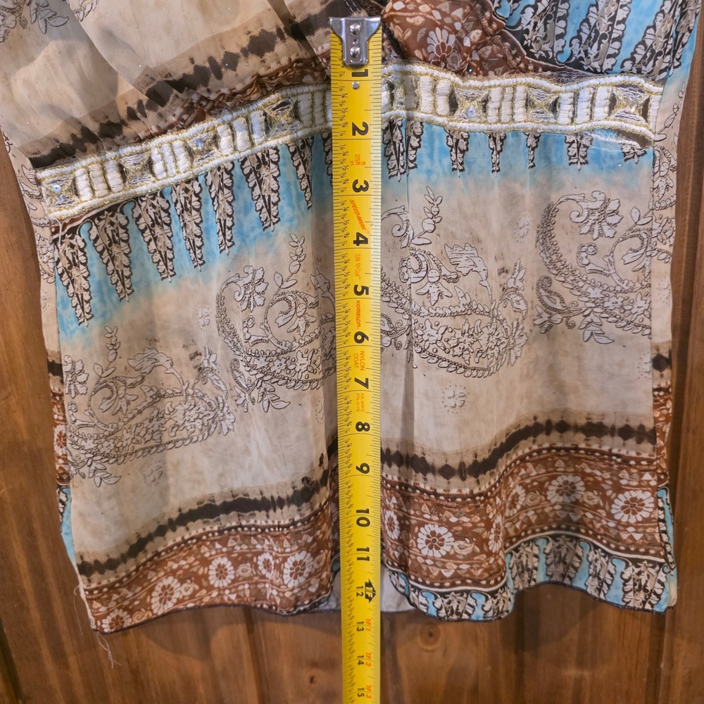 Rave Blouse Womens Small Brown Blue Excellent Paisley Empire Waist Sheer‎ Top - Picture 4 of 5